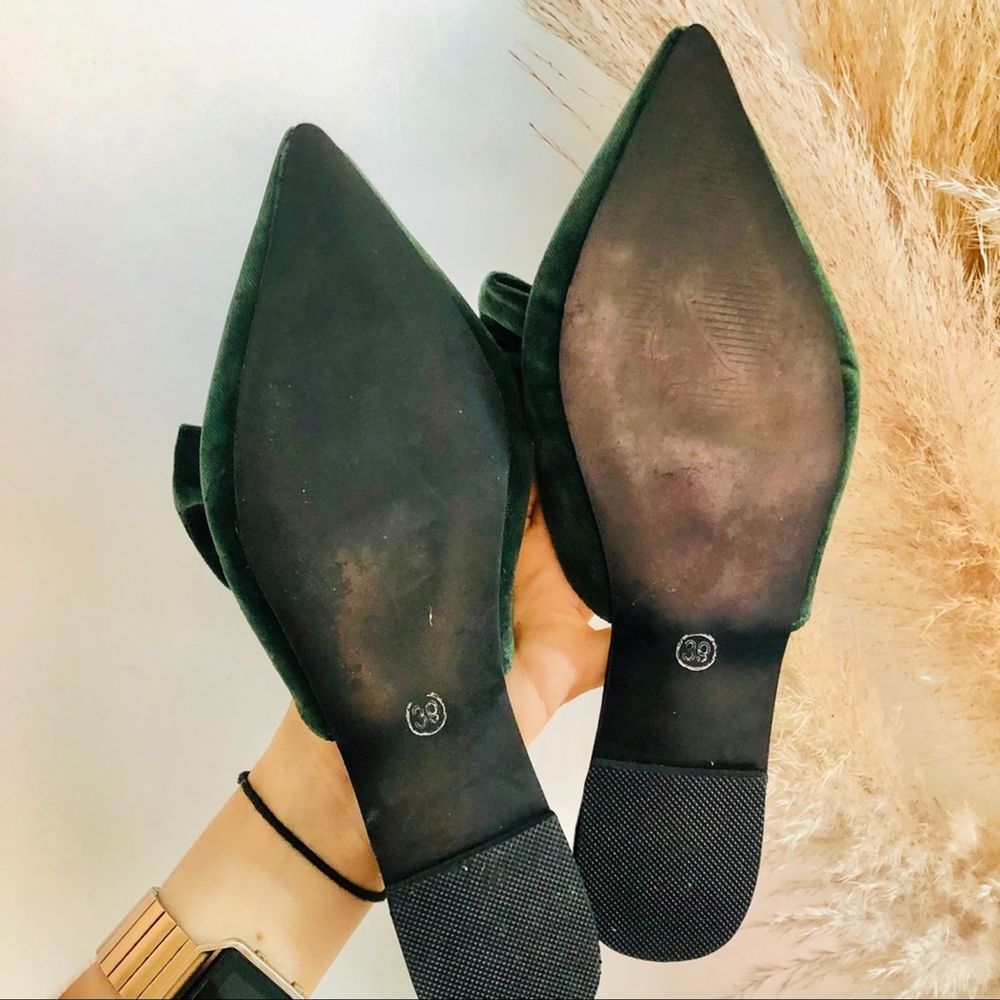 FASHION Emerald Green Velvet Bow Mule Flats Slides - Picture 4 of 9